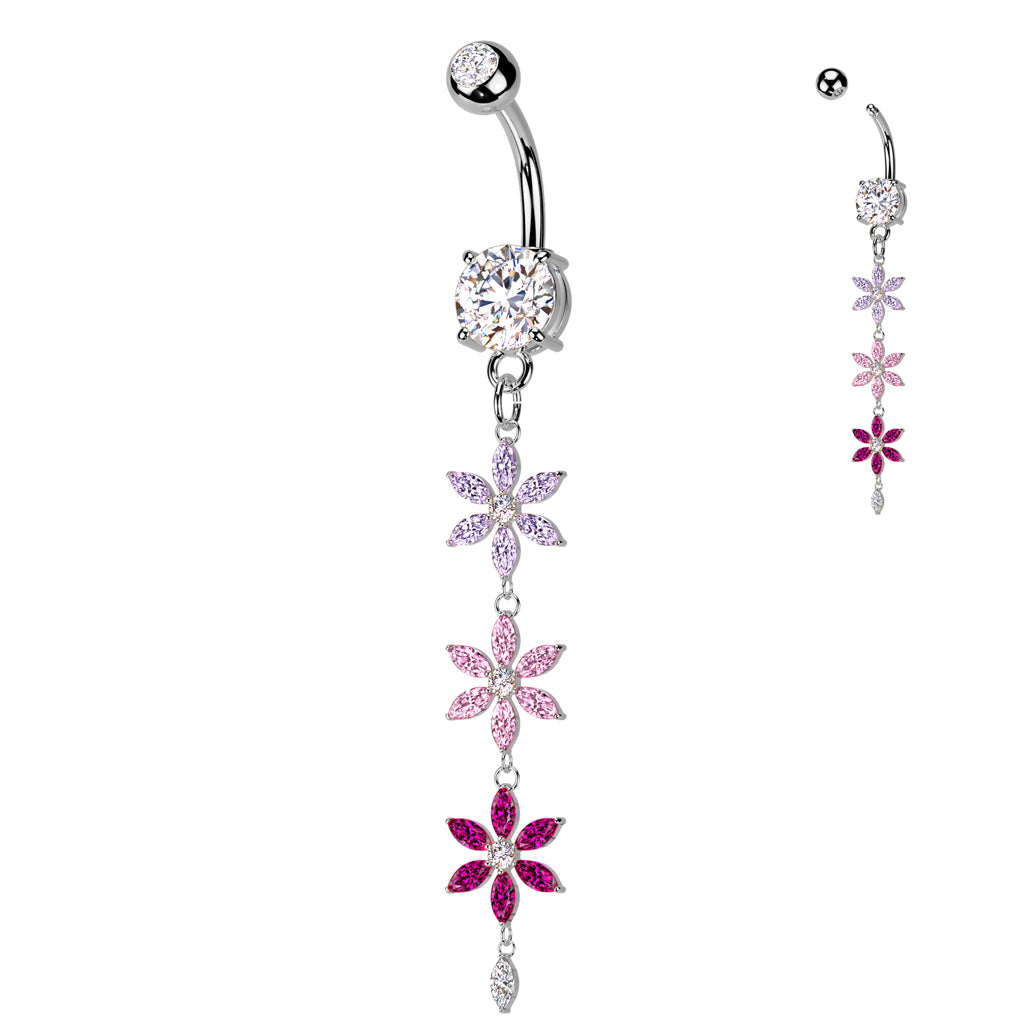 14G Surgical Steel Multicolored Triple Flower Dangle (10mm) Belly Ring